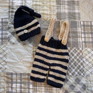 Newborn Photoshoot Props. Overalls with crochet knit hat. Top knot. Stripes.